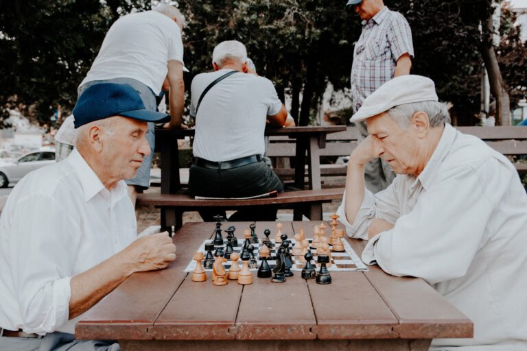 dvojica starijih muškaraca sede za klupom u parku jedan preko puta drugog i igraju šah